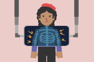 Illustration of woman in pain getting an X-ray