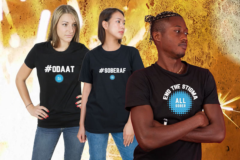 Three people wearing All Sober T-shirts