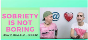 Man and woman with text reading, Sobriety Is Not Boring